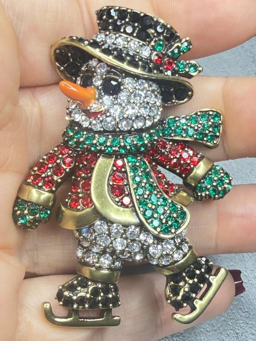 Snowman Ice Skater Brooch Rhinestones Christmas